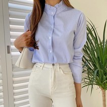 여자 프릴 반목 잔줄 스트라이프 오피스룩 면 셔츠