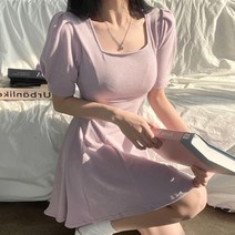 [당일배송] Tamina 쇼트 원피스 스퀘어넥 반소매 주름 슬림핏