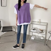 여자 가을 브이넥 사선 옆트임 오버사이즈 조끼