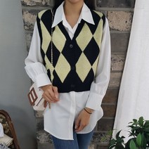 상상그이상 여성용 다이아조끼 부드러운 필수 블라우스 코디세트 오픈형 니트조끼 컬러배색 따뜻한 간절기템 부드러운 레이온소재 레이어드하기 좋은 아가일 베스트