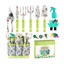 SUKKI 원예공구세트 13PCS 헤비듀티 알루미늄 원예공구 키트 꽃무늬프린트 미끄럼방지 고무손잡이 내구수납 토트백 원예용품 선물
