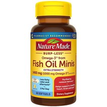 Nature Made Extra Strength Burp Less 오메가 3 피쉬 오일 1400mg 미니 건강한 심장 뇌 및 눈 지원을 위한 에틸 에스테르로 사용되는 피쉬 오일 보
