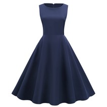 브랜드없음 여름 민소매 둥근 목 비 빈티지 단색 파티 스윙 드레스