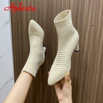 여성 롱부츠 코디 하체 통통 통넓은 빅사이즈 부츠 하체 비만 키작녀 굽없는 aphixta new beige 7cm 금속 블레이드 힐 스트레치 패브릭 발목 양말 탄성 스틸레토 힐