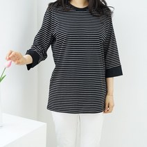 빅걸스토리 여성용 빅사이즈 카라멜 스트라이프 단가라 캐주얼 박스 긴팔 티셔츠