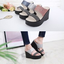 런슈즈 (국산) 큐빅 글리터 키높이 웨지 통굽 여성사무실 슬리퍼 10cm