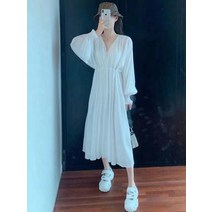 흰원피스 태국 여행함 헤엄치다 하이웨이스트 날씬해 보이는 롱 푸켓 섬 해변 바캉스 레쉬 긴 소매 여성 2084637926, 화이트, M