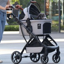 강아지 유모차 폴딩 개모차 원터치 4륜식 분리형 안전고정장치 + 손잡이 컵홀더 세트 포함, 라이트그레이