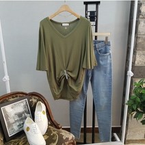 상상그이상 여성용 레이온 나팔 날개 소매 브이넥 티셔츠