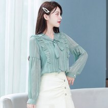 리본 셔츠 여 봄신상 항풍식 긴팔 상의 한국판 엘레강스 쉬폰적선화