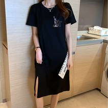 스타일아유 여성 여름 반팔 옆트임 원피스 NY 도안 프린트 오버핏 라운드 롱 원피스