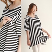 스위트플러스 임부복 당일발송 반팔 박시 스트라이프 롱 수유티셔츠