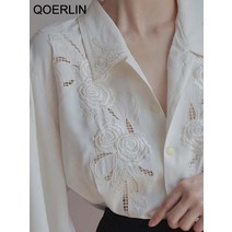 QOERLIN-세련된 자수 플로럴 할로우 아웃 화이트 셔츠 럭셔리 봄 긴 소매 블라우스 비숍 슬리브 상의 오피스 레이디