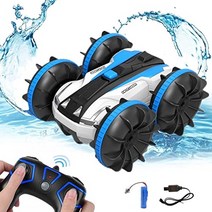 보트 RC 자동차 수륙 양용 무선 조종 자동차 스턴트 차량 2.4Ghz 무선 조작 고속 사 륜구동 360도 회전 USB 충전식 충격 아이 선물 (파랑)