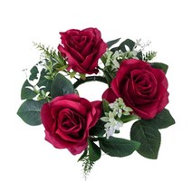 인공 장미 캔들 링 작은 화환 기둥 캔들 홀더 23cm 꽃 화환 크리스마스 할로윈 창 센터 피스 장식품, 빨간색, 실크