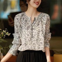 쩐쿠 봄 여성 라운드넥 단추 긴소매 플라워 블라우스 Z212