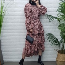 제이후 레오파드 패턴 허리끈 호피 셔링 프릴 캉캉 롱원피스