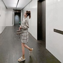 체크 뷔스티에 니트 원피스 허리 벨트 미니스커트 긴팔 여성 벌룬 소매 봄 가을 겨울 격자 투피스 느낌