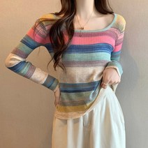 스타일아유 슬림 가을 겨울 골지 니트티 배색 단가라 스트라이프 니트