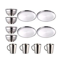 Plate and Bowl Sets Stainless Steel Dishs Bowls Mugs Kitchen Dinnerware Set Service for 4 (Rainbow, Silver_9 inch plate/5.1 inch b