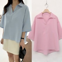 [여시몰6090국내제작]반오픈 카라 7부 하프 셔츠/봄 여름 여성 카라 블라우스 언발 루즈핏 베이직 심플 오피스룩 스커트 슬랙스 반바지 코디