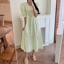 뒷단추 루즈핏 퍼프 소매 꽃무늬 펀칭 자수 레이스 롱 원피스