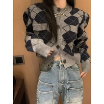 빈티지 체크무늬 니트 스웨터 여성 디자인 감각 긴팔 카디건 캐주얼 탑