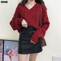 DFMEI 꽈배기 브이넥 루즈핏 여성 스웨터 겉옷 코디 숏 긴팔 니트