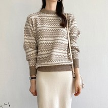 기하학 유니크룩 눈꽃 노르딕 체크 패턴 라운드 니트 티셔츠