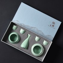 JINGHENG 워머포함 중탕 사케도쿠리 세트 혼술세트, 에메랄드   [선물세트]개