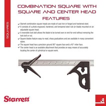 Starrett 스퀘어 헤드와 중앙 헤드가 있는 스틸 콤비네이션 - 30.5cm(12인치) 블레이드 길이 강화 스틸 양면 잠금 볼트 스크라이버 스피릿 레벨 4R 눈금 -11