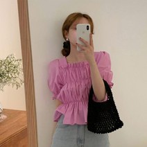 여자 스퀘어넥 퍼프 반팔 셔링 블라우스 블라우스남방