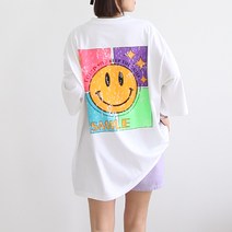 애플망고샵 컬러 스마일 롱박스 루즈핏 롱티 오버핏 레터링 프린팅 여성 빅사이즈 반소매 반팔 티셔츠