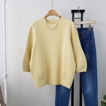 상상그이상 여성용 말림라운드 7부 니트 퍼프 7부소매 파스텔컬러 가벼운 간절기 원단 부드럽고 쫀쫀한 레이온 니트티 격식있는룩 고급니트 코디