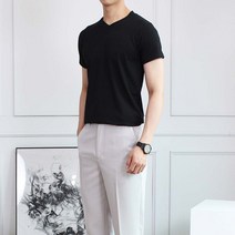 세컨에디션 남자 여름 브이넥 반팔티 면모달 스판 머슬핏