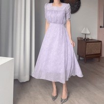 엘린무드 퍼퓸 플라워 스퀘어넥 셔링 프릴 쉬폰 A라인 봄 여름 시원한 롱 연보라 블랙 잔꽃 데일리 데이트 원피스 2COLOR