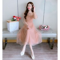 원피스 봄 가을 여성 핑크 얇은 쉬폰 원피스 여름 슬림핏 원피스