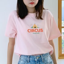 험블스튜디오 서커스 일러스트 빅사이즈 라운드넥 오버핏 여성 반팔티 라이트핑크 반팔 티셔츠