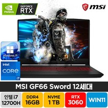 MSI Sword GF66 A12UE 인텔 12세대 i7-12700H RTX3060 윈도우11 배그 주식 고성능 게이밍 노트북, GF66 Sword, WIN11 Home, 16GB, 1TB, 코어i7, 블랙