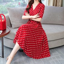 리틀깽스 다이뻐 백화점퀄리티 44~66 여름 간절기 브이넥 여성스러운 풍성한 a라인 리본 레드 도트 미디 롱원피스