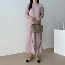 바이엘르 플리츠 A라인 스판 긴팔 주름 롱 원피스