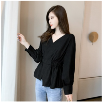 프릴블라우스 유럽풍 화이트색 V넥칼라 상의 2021가을 옷 프릴 시폰 남방 허리밴딩 날씬해보이는 작은셔츠