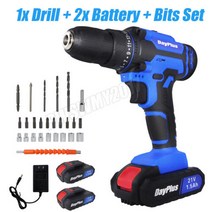 Cordless Drill Screwdriver 21V 45Nm Electric Drilling Machine and Li-ion Battery, Blue Drill + 2x Battery + Bits