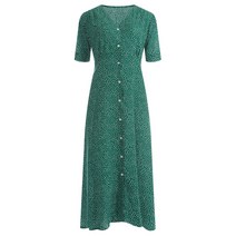 [KT알파쇼핑]마린 여성 V넥 반팔 오픈 롱 땡땡이 원피스 JL-WDR-1387-그린