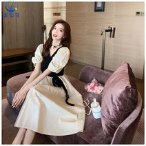 셀럽당 벌룬 소매 허리 여리여리 선녀 롱스커트 패치 브이넥 원피스