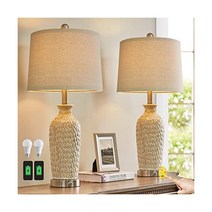 PORTRES 64 8cm(25 5인치) 3방향 USB 터치 조도 조절 가능한 세라믹 테이블 램프 2개 세트 거실 침실 농가 빈티지 소박한 나이트 스탠드 침대 옆 엔드 램프(전구