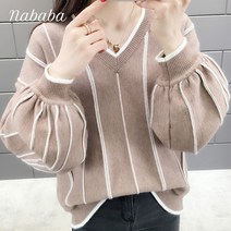 나바바 NK062 여성 루즈핏 브이넥 스트라이프 니트 스웨터
