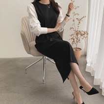 [랜덤플레이] 긴팔 퍼프 셔츠 배색 H형 롱 원피스