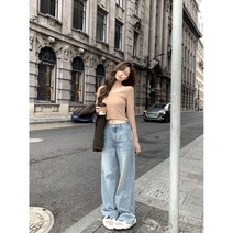 여성 빈티지 워싱 구제 블루 와이드 힙합 청바지 캐주얼 블랙핑크 제니 공항패션 데님 진