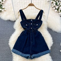 데님점프수트 여자멜빵바지 오버롤 데님 멜빵 반바지 여성용 작업복 옷 슬림 허리 곱슬 밑단 짧은 바지 레트로